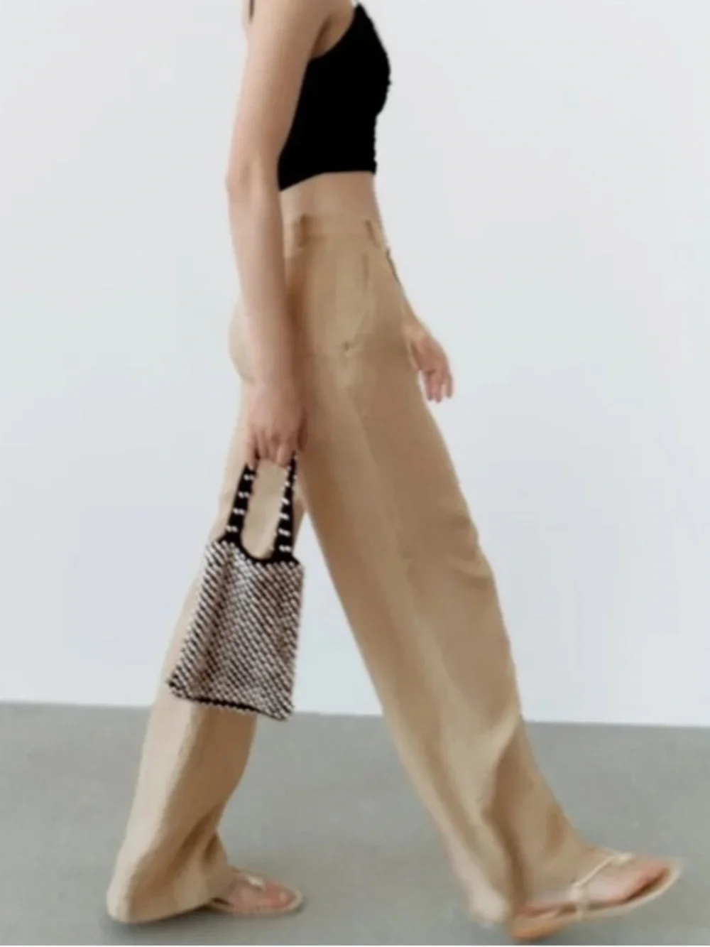 NWT Zara High Waisted Pleated Wide-Leg Linen-Blend Trousers - Beige